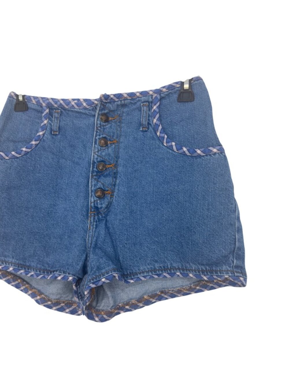 Vintage Retro High-Waisted Denim Shorts With Plaid Trim & Button Fly -Size 11/12 - Picture 9 of 11